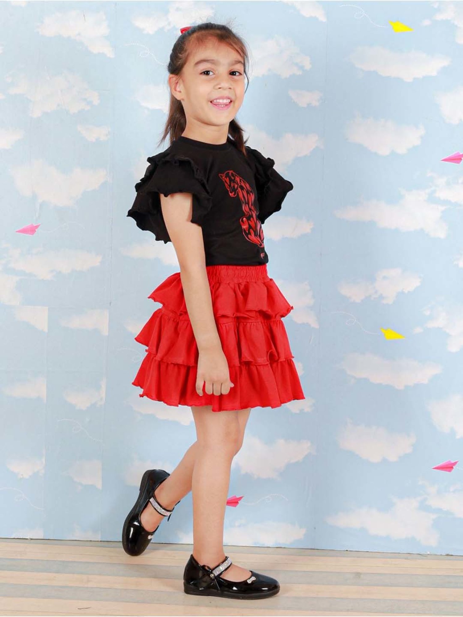 The Mom Store Kids Black & Red Cotton Printed Top Set