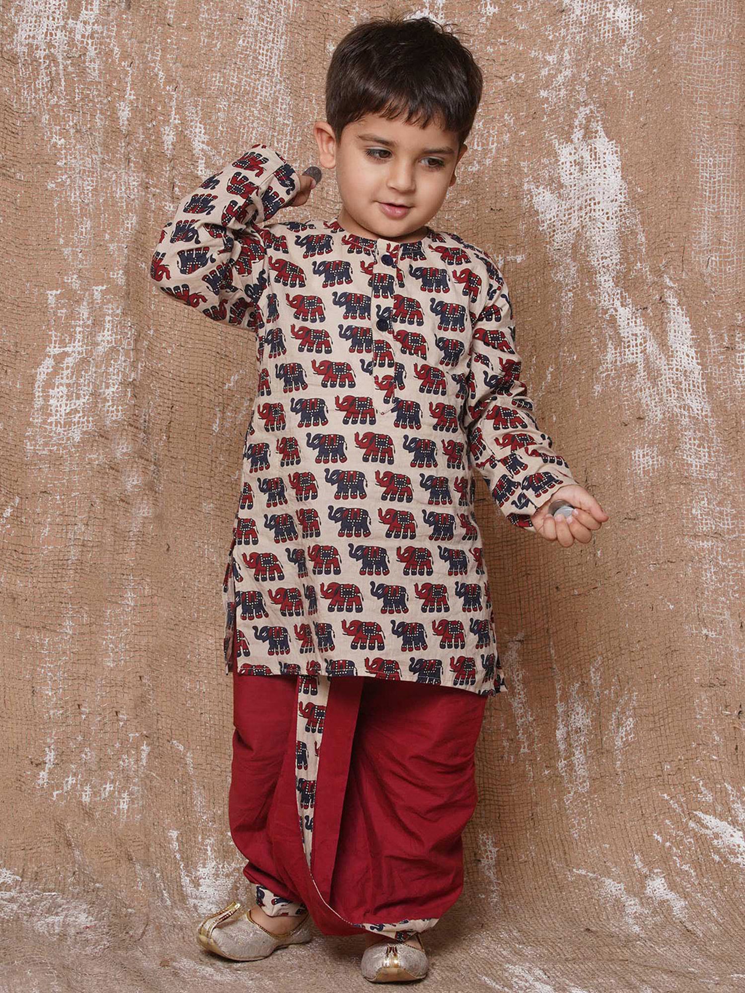 AJ Dezines Kids Beige & Maroon Printed Full Sleeves Kurta with Dhoti