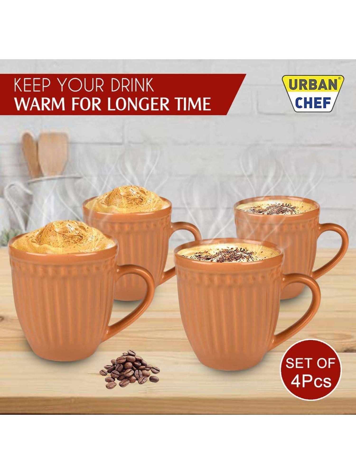 Urban Chef Brown Ceramic Handcrafted Microwave Safe Tea Cup - Set of 4