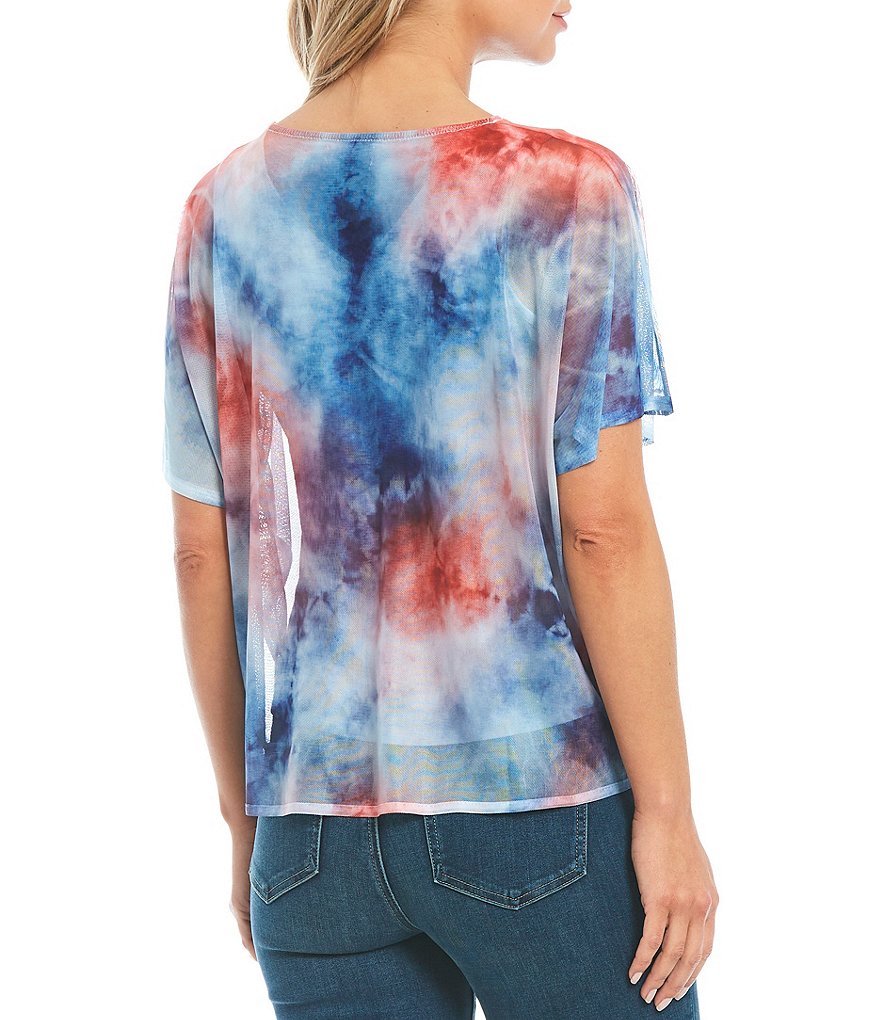 One World Apparel Tie Dye V-Neck Mesh Overlay Tie-Front Bubble Top