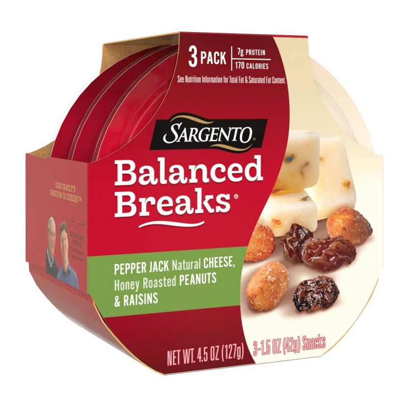 Sargento Balanced Breaks Pepper Jack Cheese, Honey Roasted Peanuts & Raisins - 3pk/1.5oz