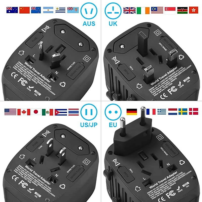 Adapter, 2400W International Power Adapter, Universal Adapter with 4 USB Ports, Perfect for UK, EU, AU, US, Over 150 Countries (Black)