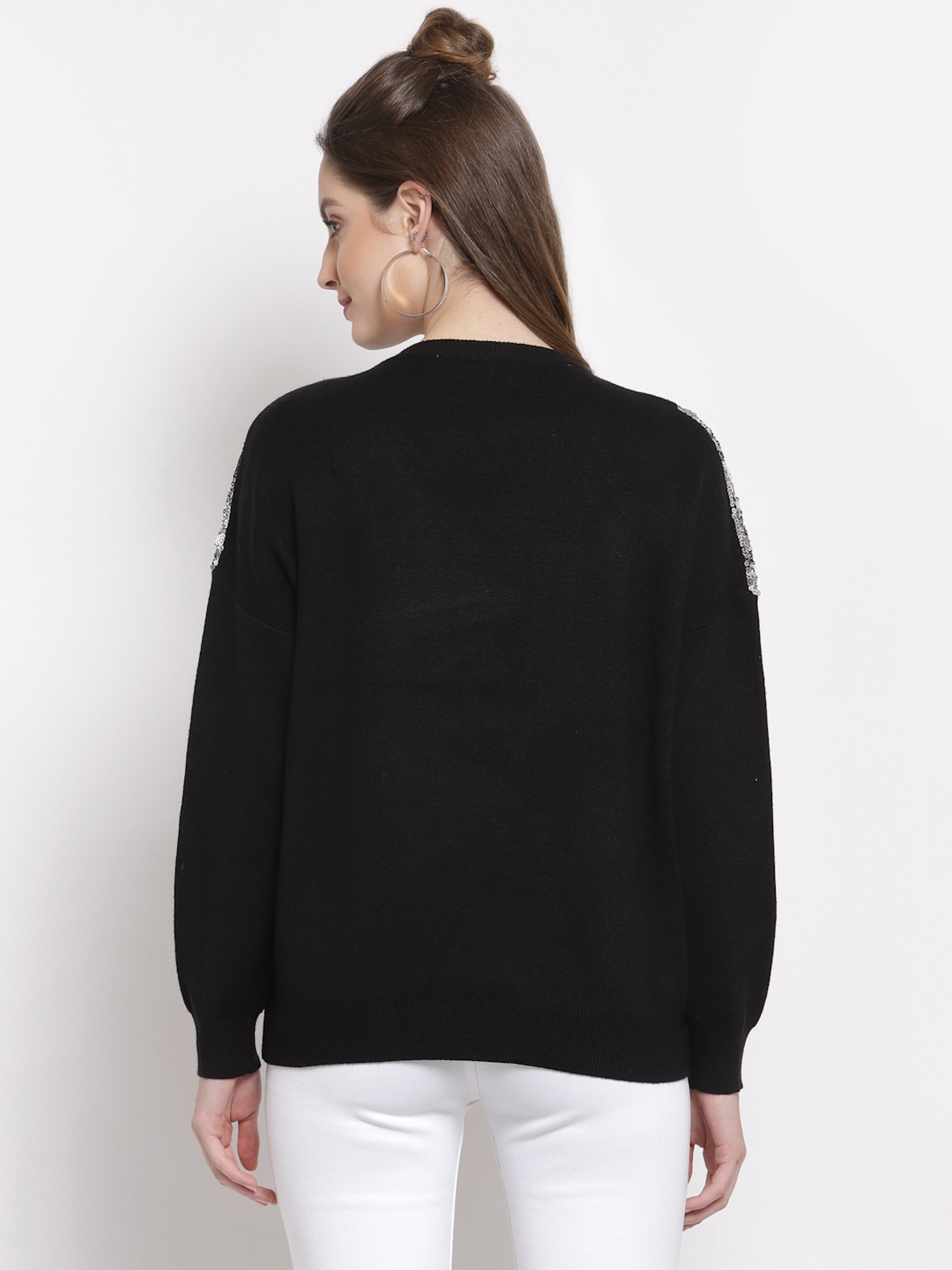 Mafadeny Black Embellished Round Neck Sweater