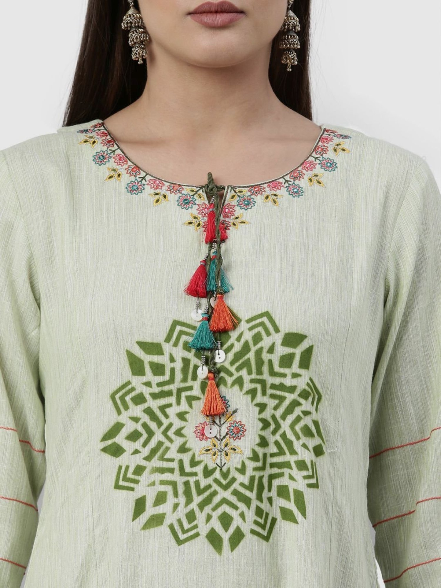 Neerus Pista Green Printed A Line Kurta