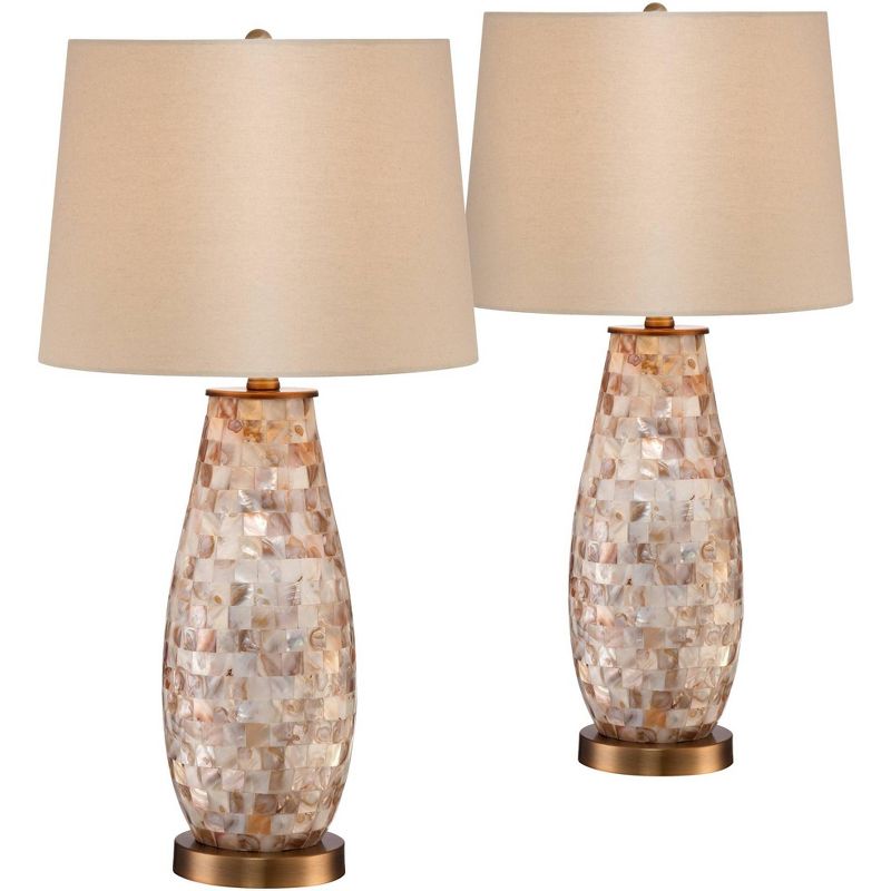 Regency Hill Cottage Table Lamps Set of 2 Mother of Pearl Tile Vase Beige Drum Shade for Living Room Family Bedroom Bedside Office