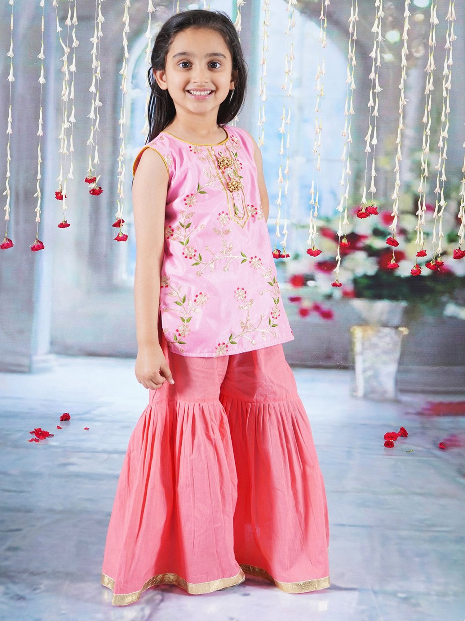 Little Bansi Kids Pink & Coral Embroidered Kurta, Gharara with Dupatta