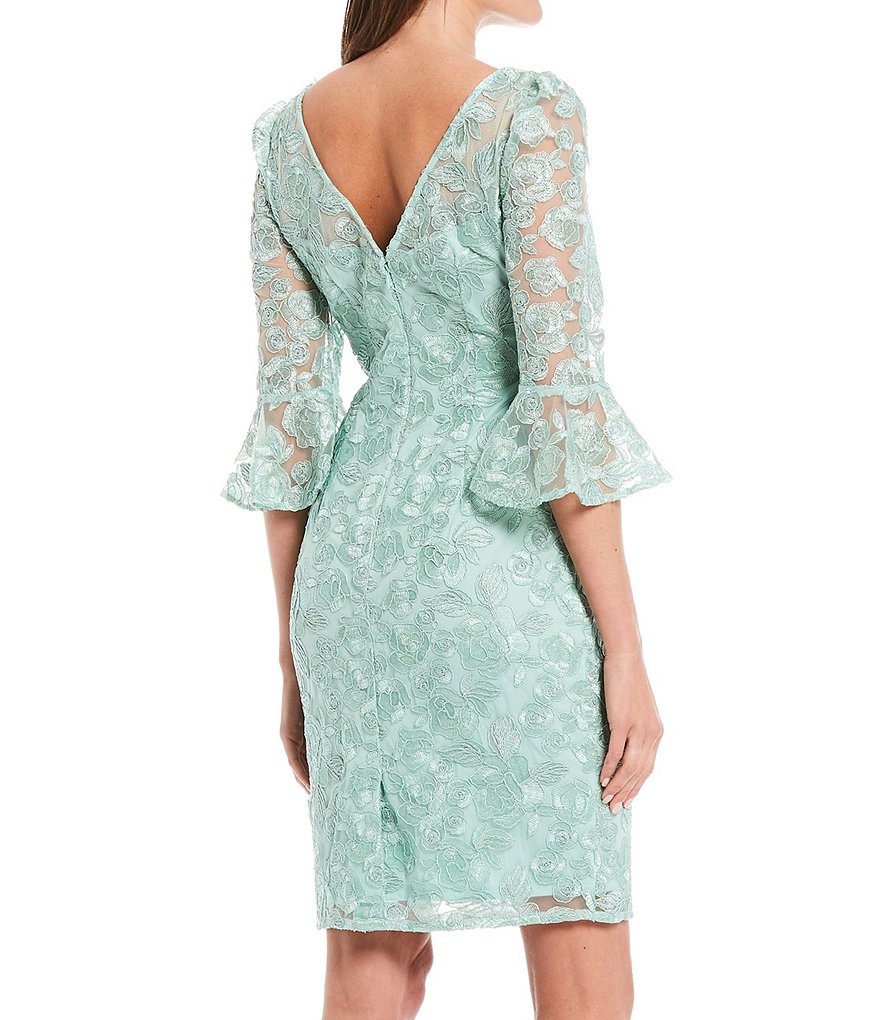 Adrianna Papell 3/4 Bell Sleeve Crew Neck Embroidered Stretch Lace Sheath Dress