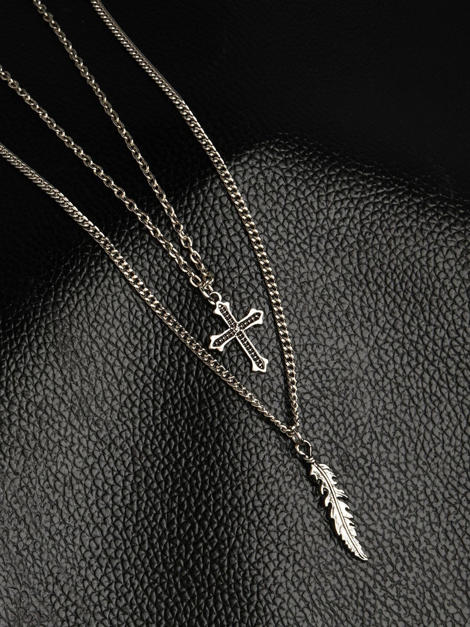 The Bro Code Silver-Plated Cross and Leaf Tag Charm layered Necklace For Men