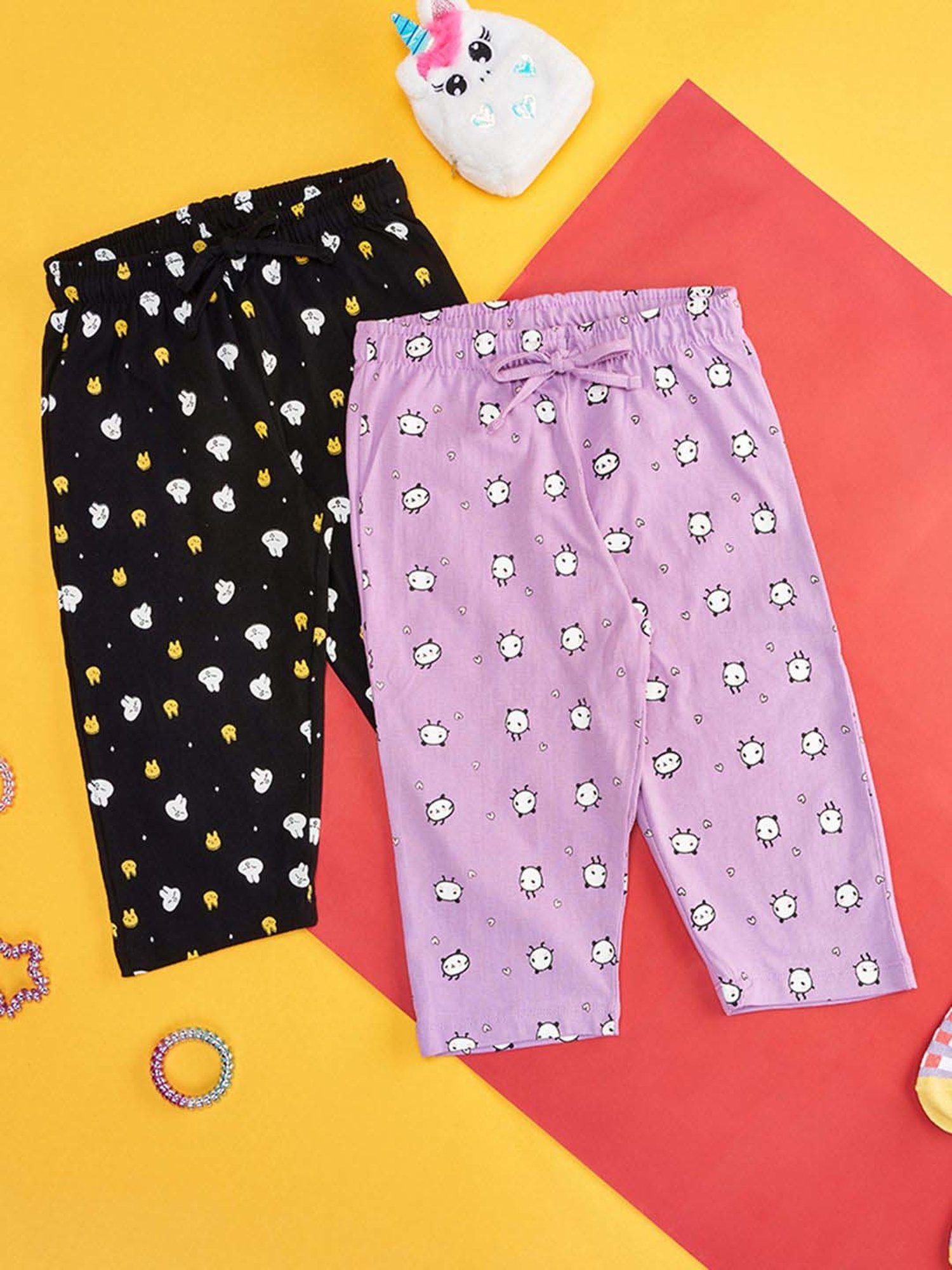 YU by Pantaloons Girls Lilac & Black Cotton Printed Pajamas (Pack of 2)