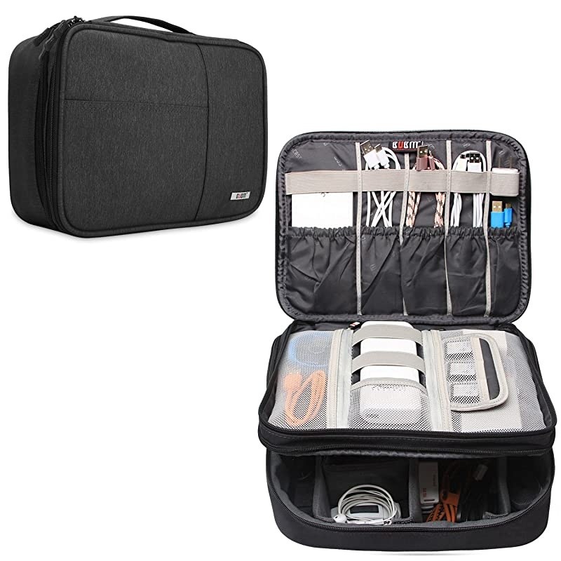 Electronic Organizer, Double Layer Travel Gadget Storage Bag for Cables, Cord, USB Flash Drive, Power Bank and More-a Sleeve Pouch for 7.9" iPad Mini(Medium,Black)