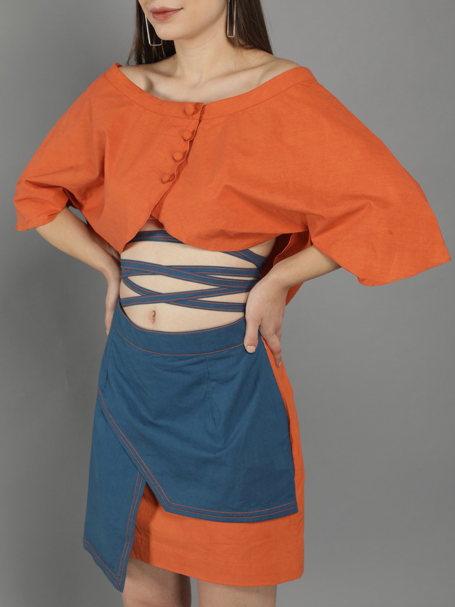 KAORI BY SHREYA AGARWAL Orange & Blue Cotton Color-Block Co-Ords Set