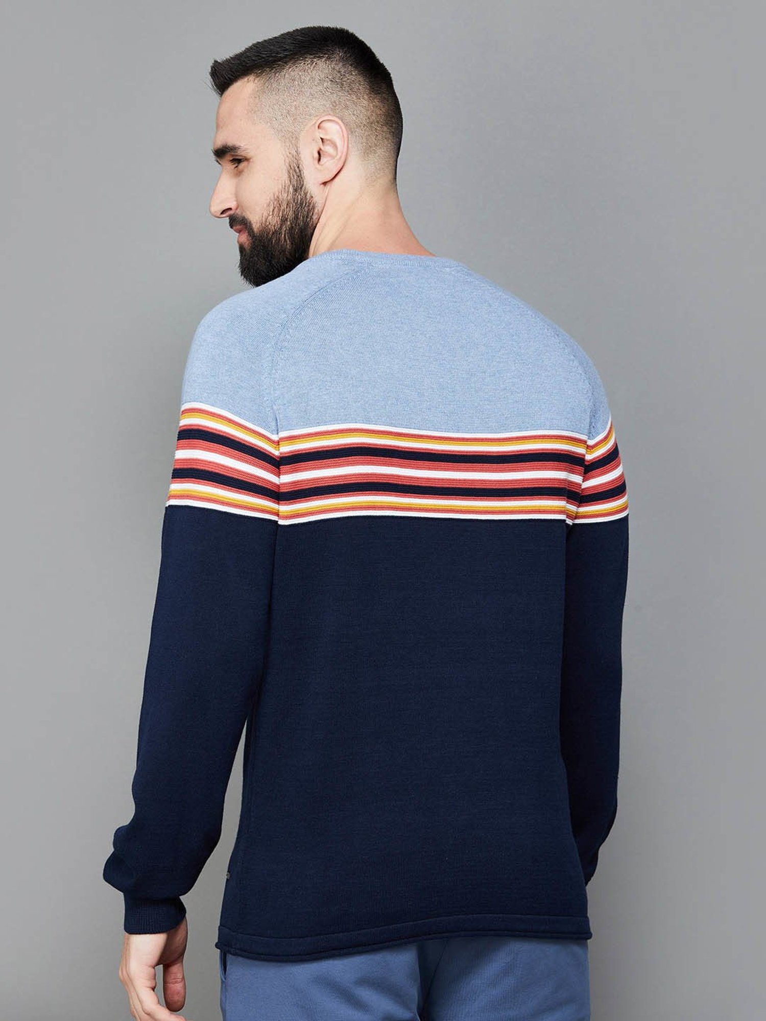 Code by Lifestyle Navy Cotton Regular Fit Colour Block Sweater