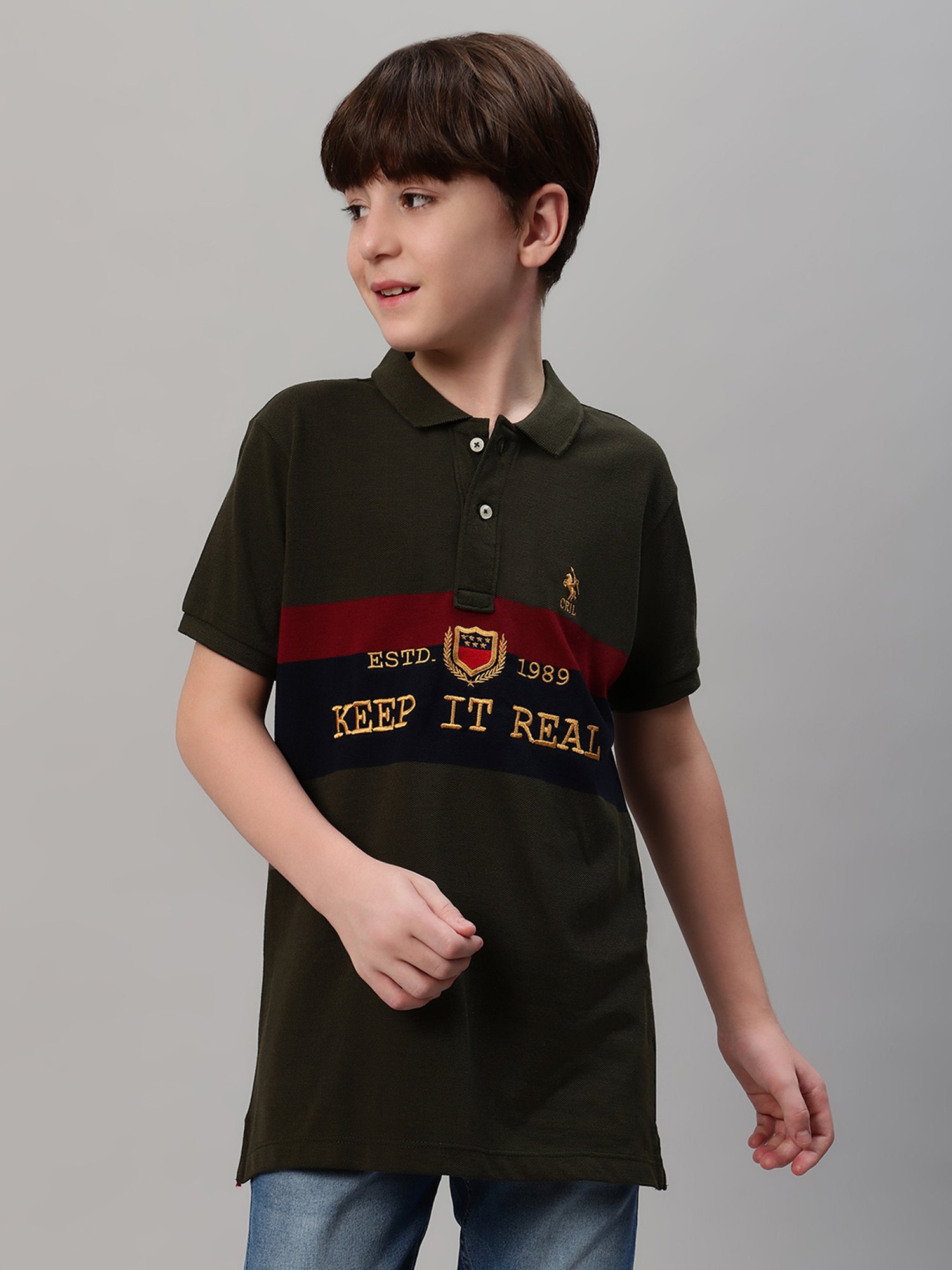 Cantabil Boys Olive Embroidered Polo T-Shirt