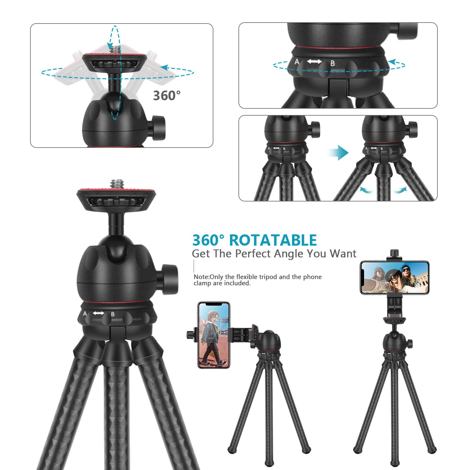 Neewer 12 inches Flexible Tripod with 1/4-inch Screw Mount and Ball-Head 360 Degree Rotatable Phone Clip for iPhone Samsung Huawei Smart Phone and DSLR Camera for Photo Video Photography