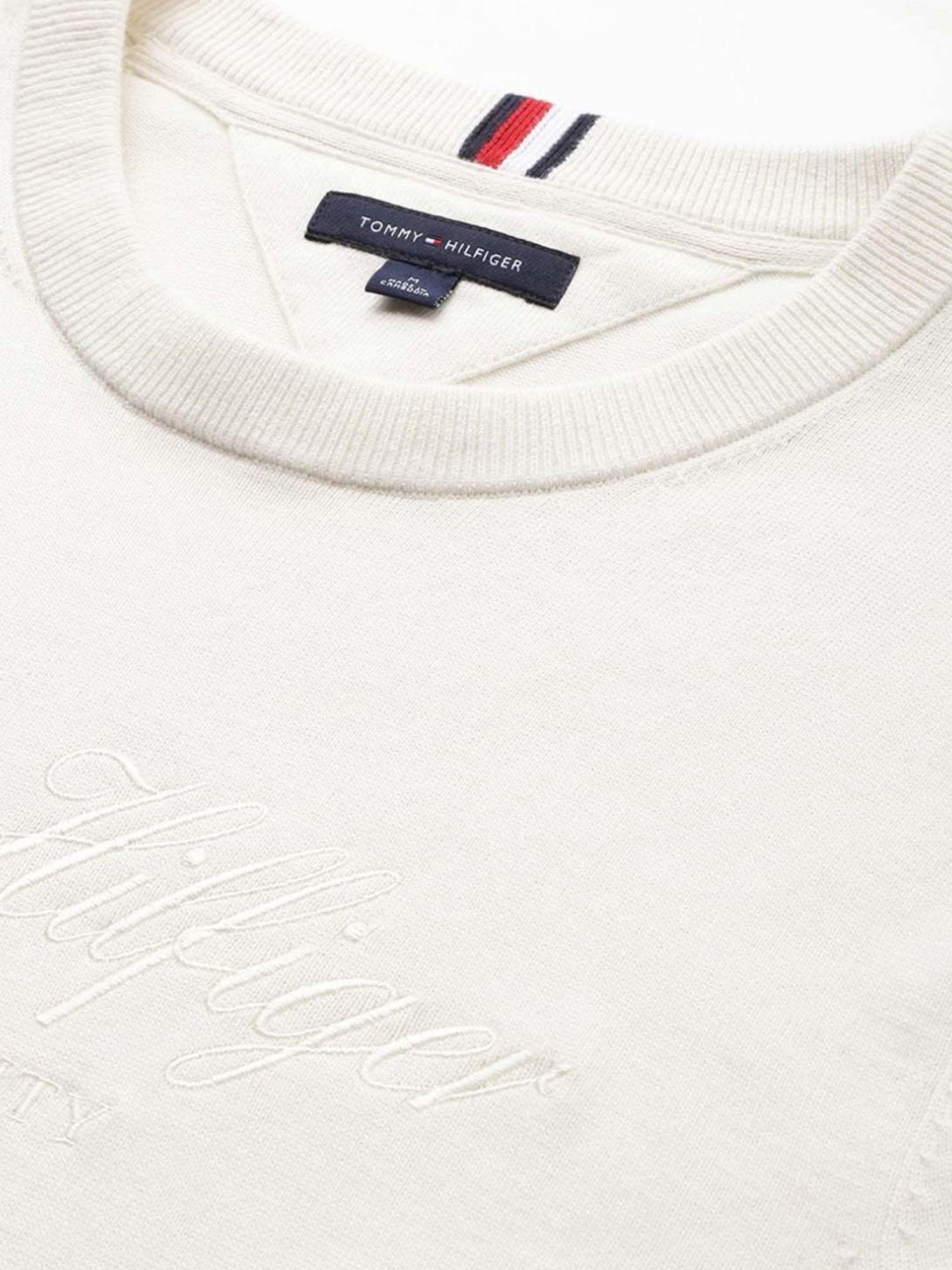 Tommy Hilfiger White Suede Cotton Regular Fit Embroidered Sweater