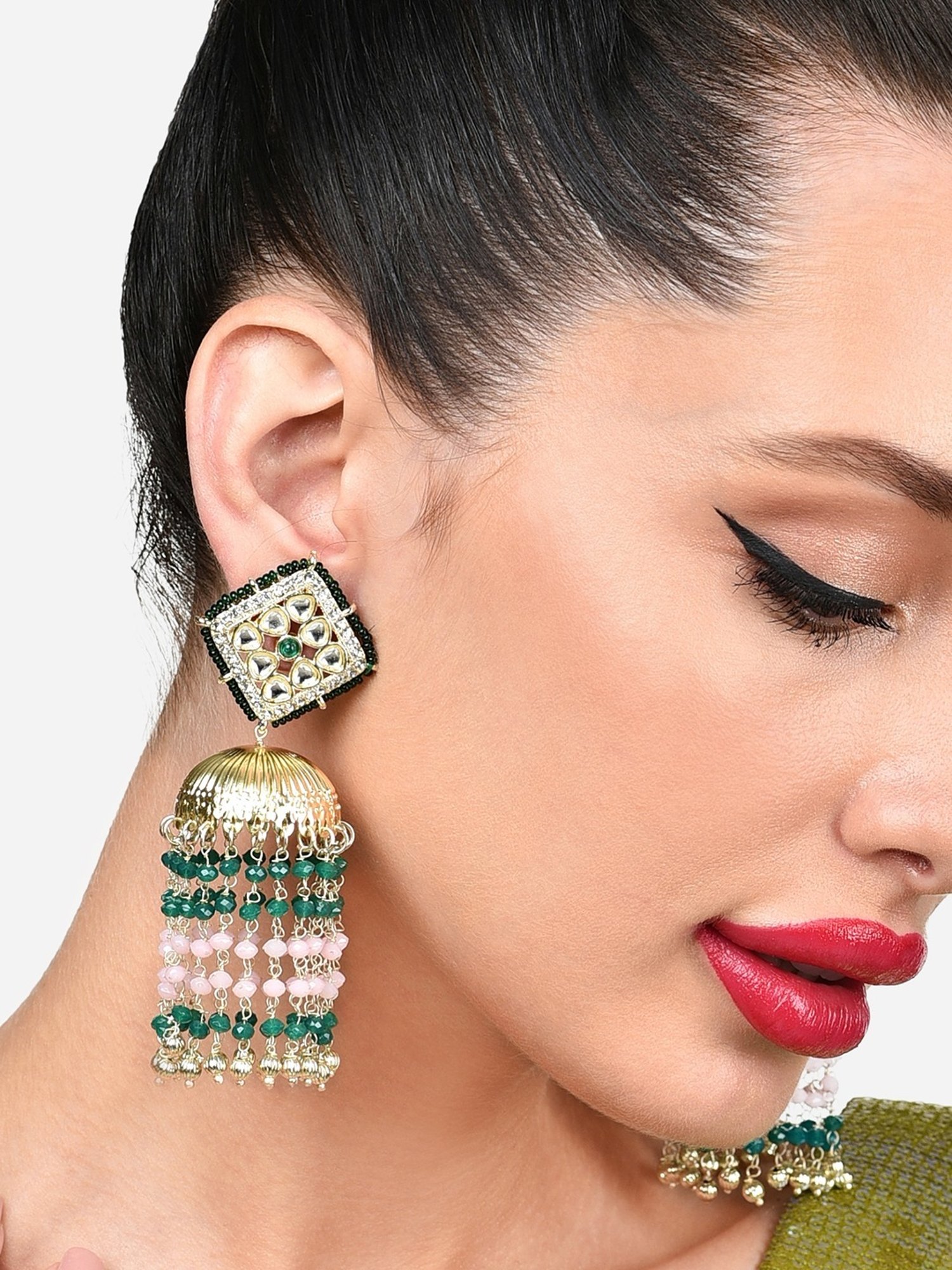 Zaveri Pearls Green Pink Beads Embellished Chain Fringe Kundan Jhumki Earring-ZPFK15849