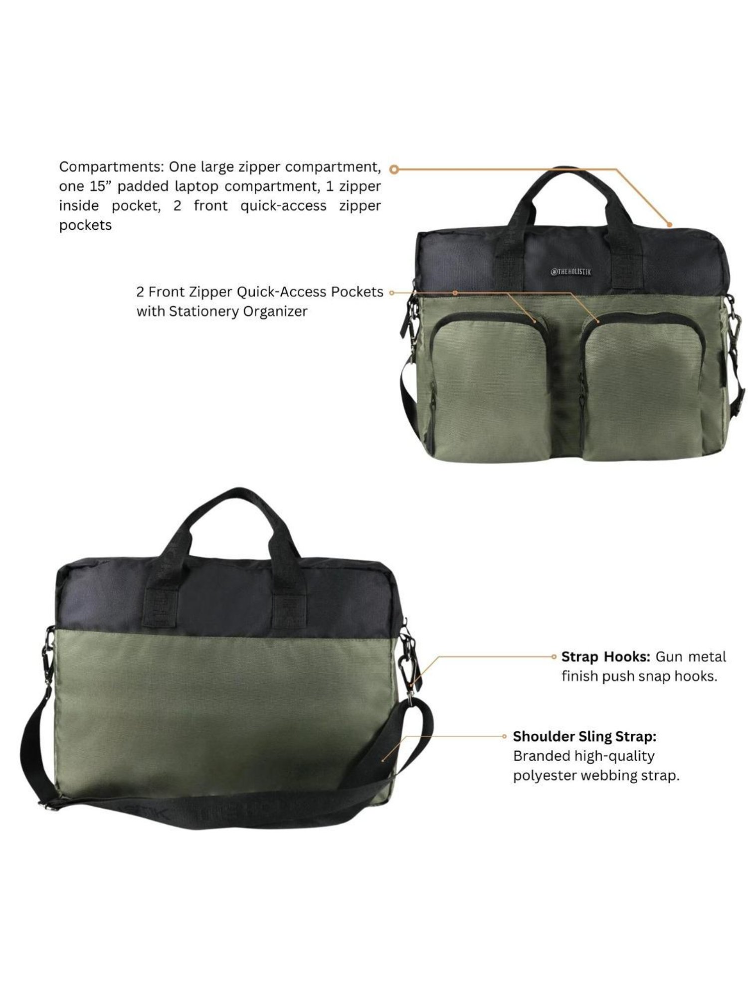 THE HOLISTIK Rovio Olive & Black Medium Laptop Messenger Bag - 11.07 inches