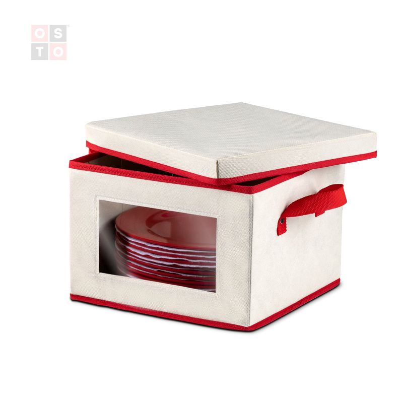 OSTO Holiday Dinnerware Storage Box with Lid; Plate Box Has Cardboard Insert, Clear Window, Handgrips; Non-Woven Fabric Color Ivory and Red