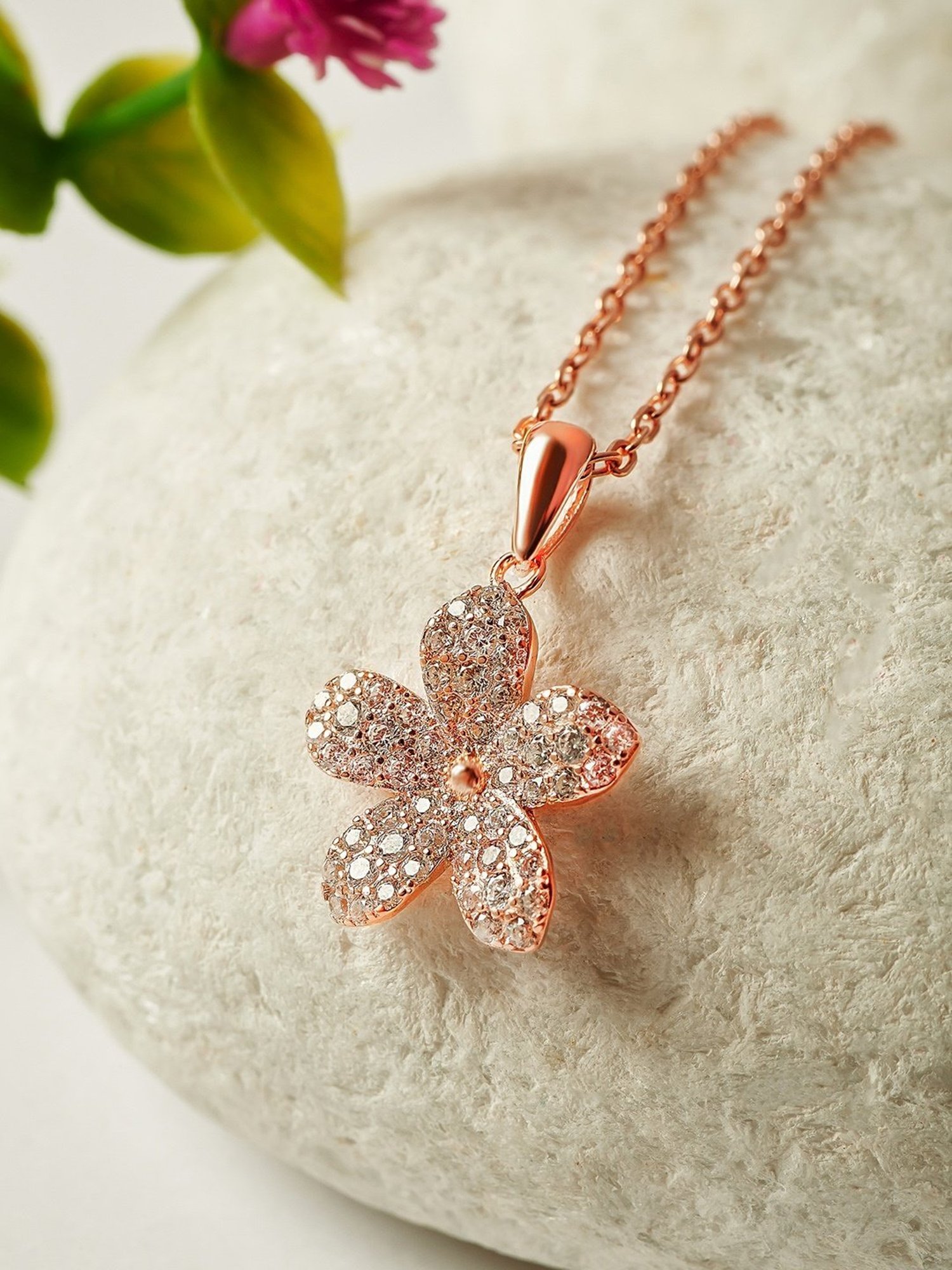 Silberry 92.5 Sterling Silver Rose Gold Floweret Pendant with Chain