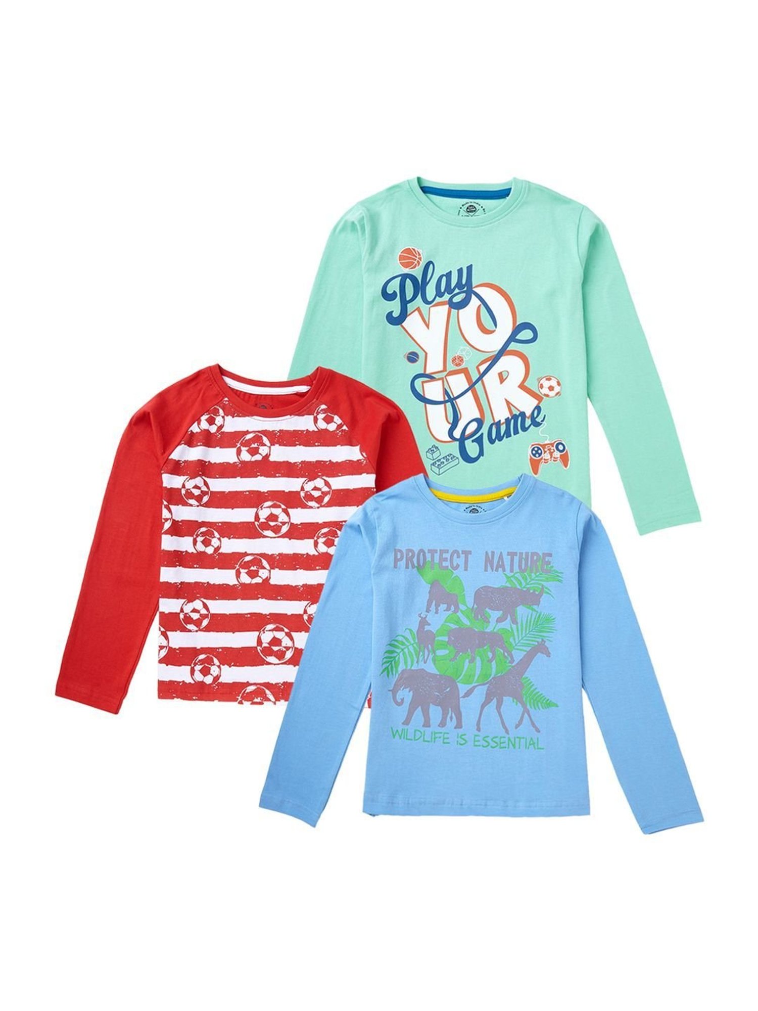 Cub McPaws Kids Multicolor Cotton Printed Full Sleeves T-Shirt (Pack of 3)