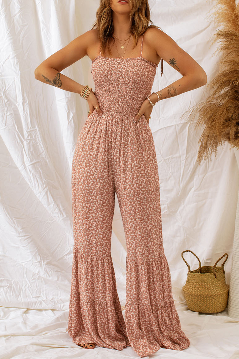 Rose Tan Solid Self Tied Straps Pleated Wide Leg Jumpsuit