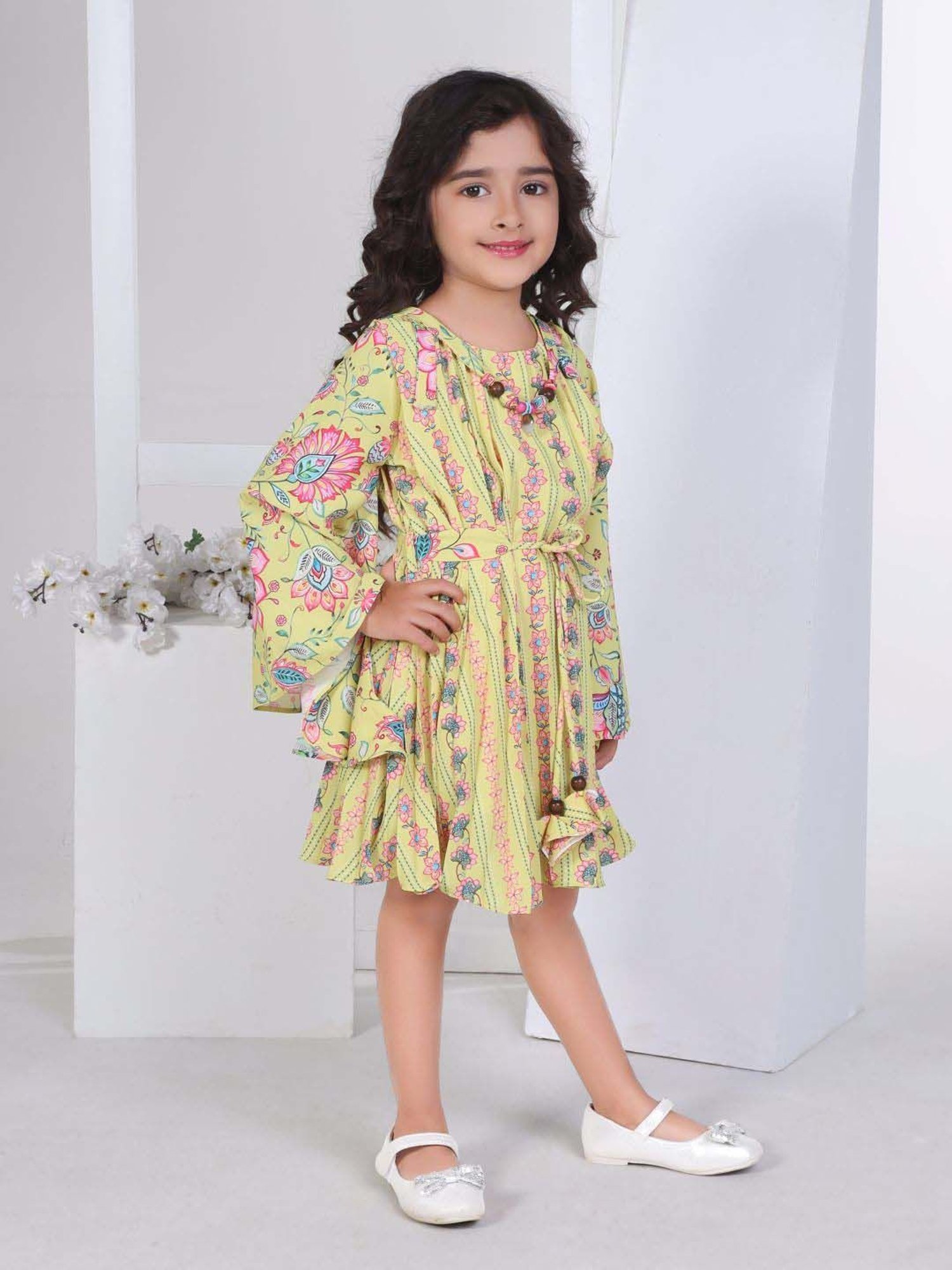 Peppermint Girls Green Floral Full Sleeves Dress