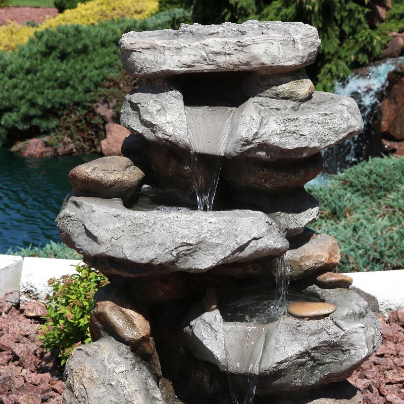 34"H Polystone Rock Falls Outdoor Fountain with LED Lights - Sunnydaze Decor