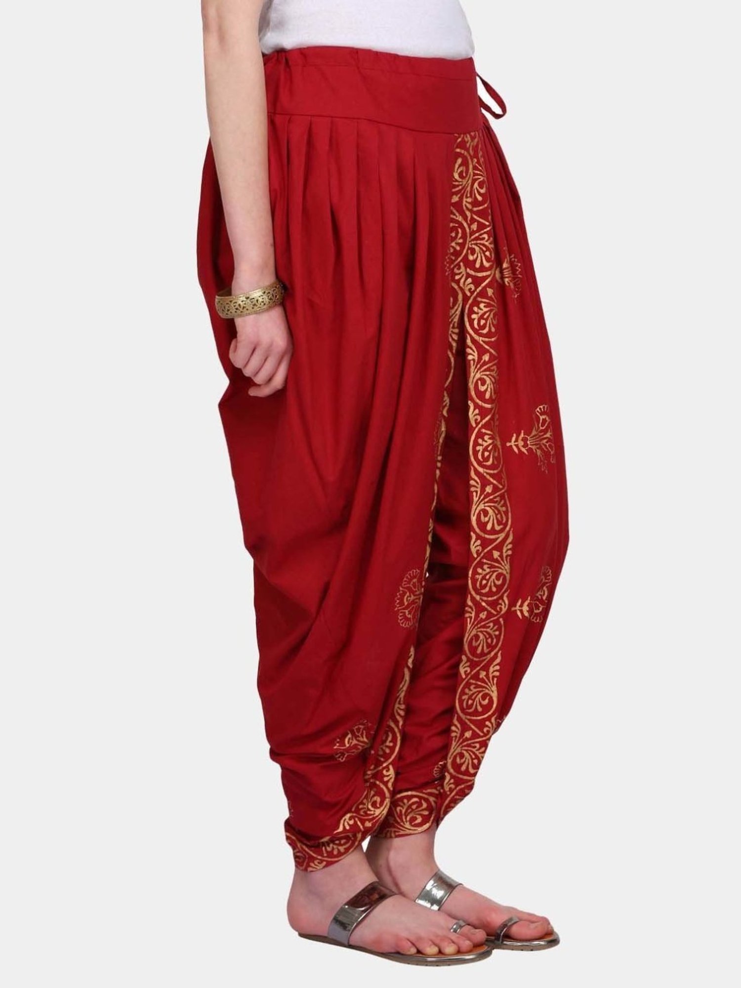 Kaanchie Nanggia Red Cotton Printed Dhoti Pants