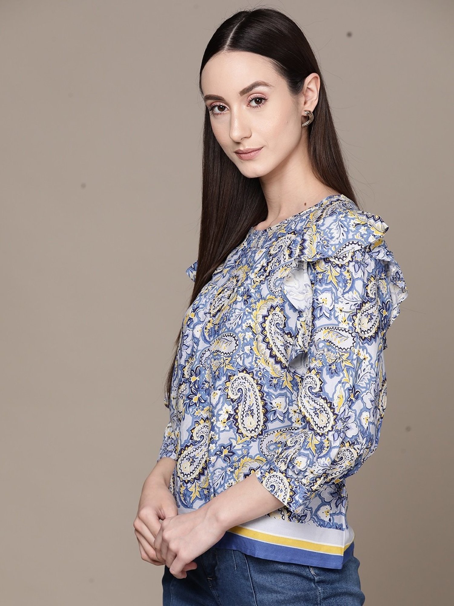 Label Ritu Kumar Navy Blue Rayon Paisley Top