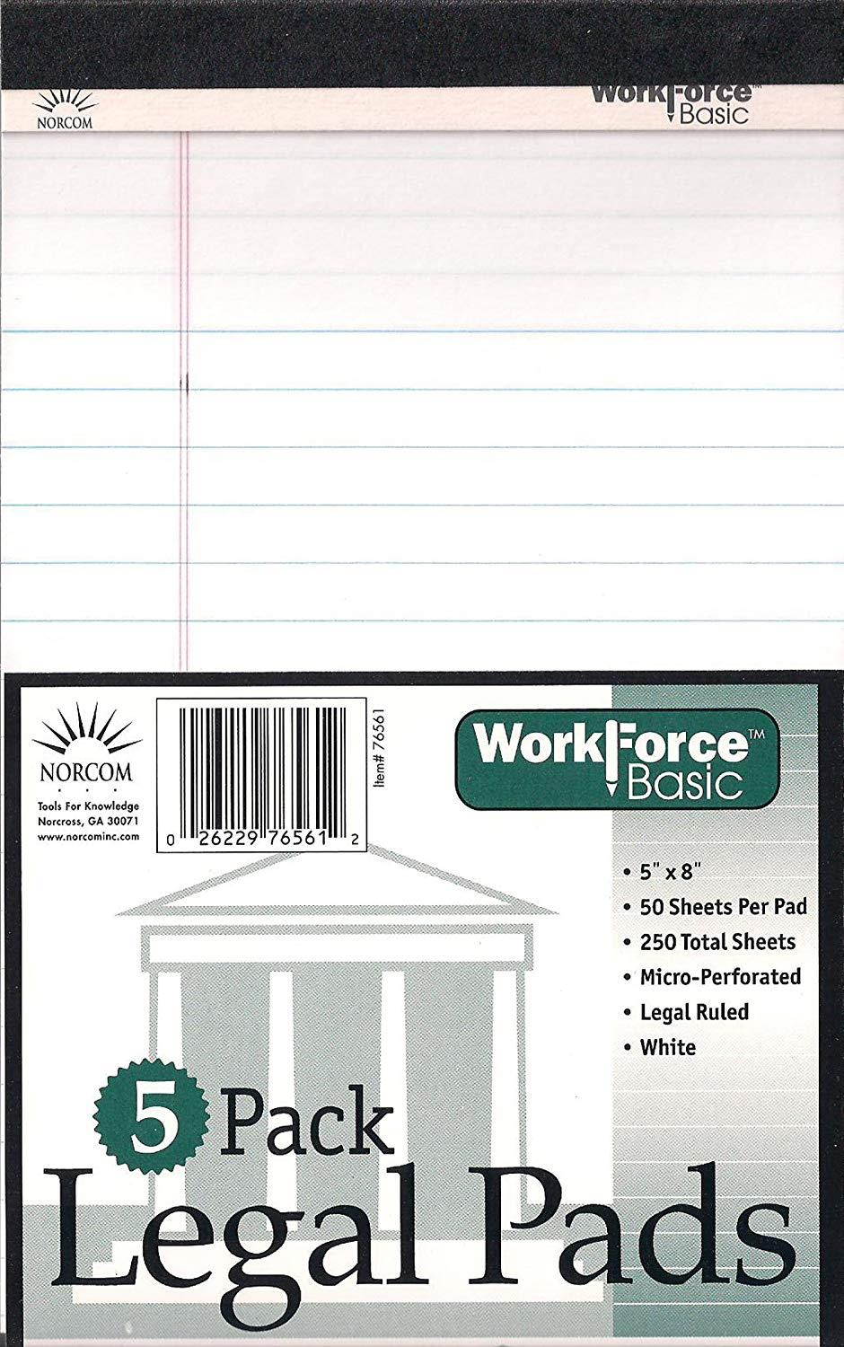 Norcom Junior Legal Pad, 5 x 8 Inches, 50 Sheets per Pad, White, 5 Pack (76561-12)