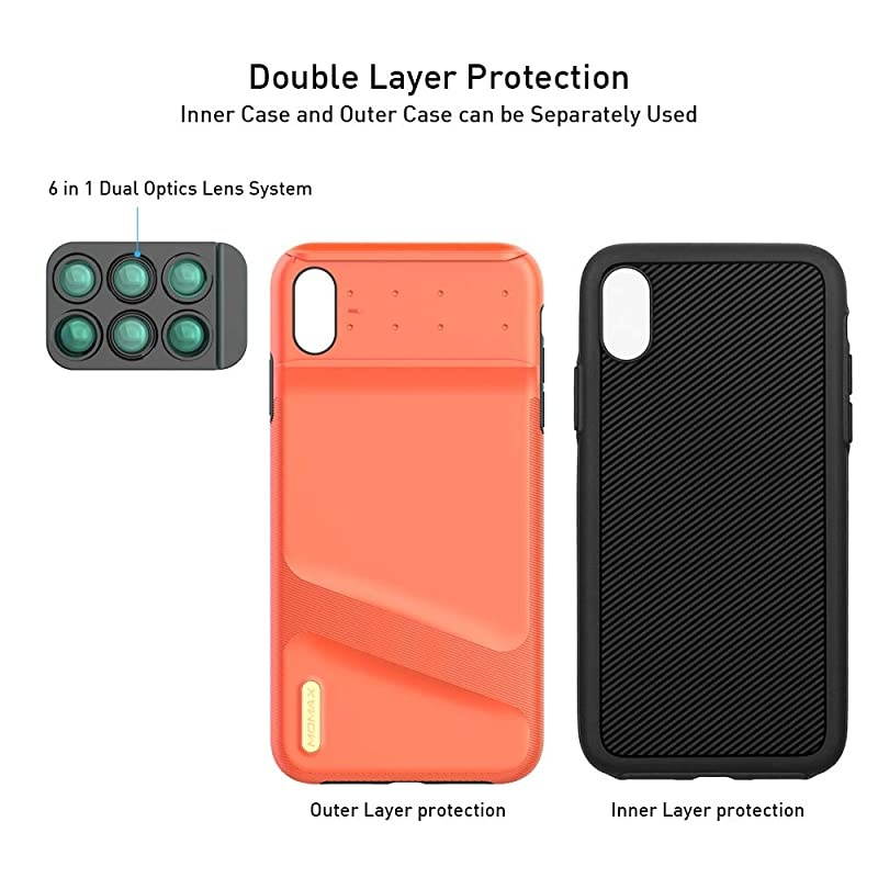 Lens Case for Apple iPhone Xs MAX: 6 in 1 Dual Optics Lens Kit (180&deg;Fisheye, 2X Telephoto,120&deg; Wide-Angle, 10X/20X Macro), Two Layers Double Protection (Black)