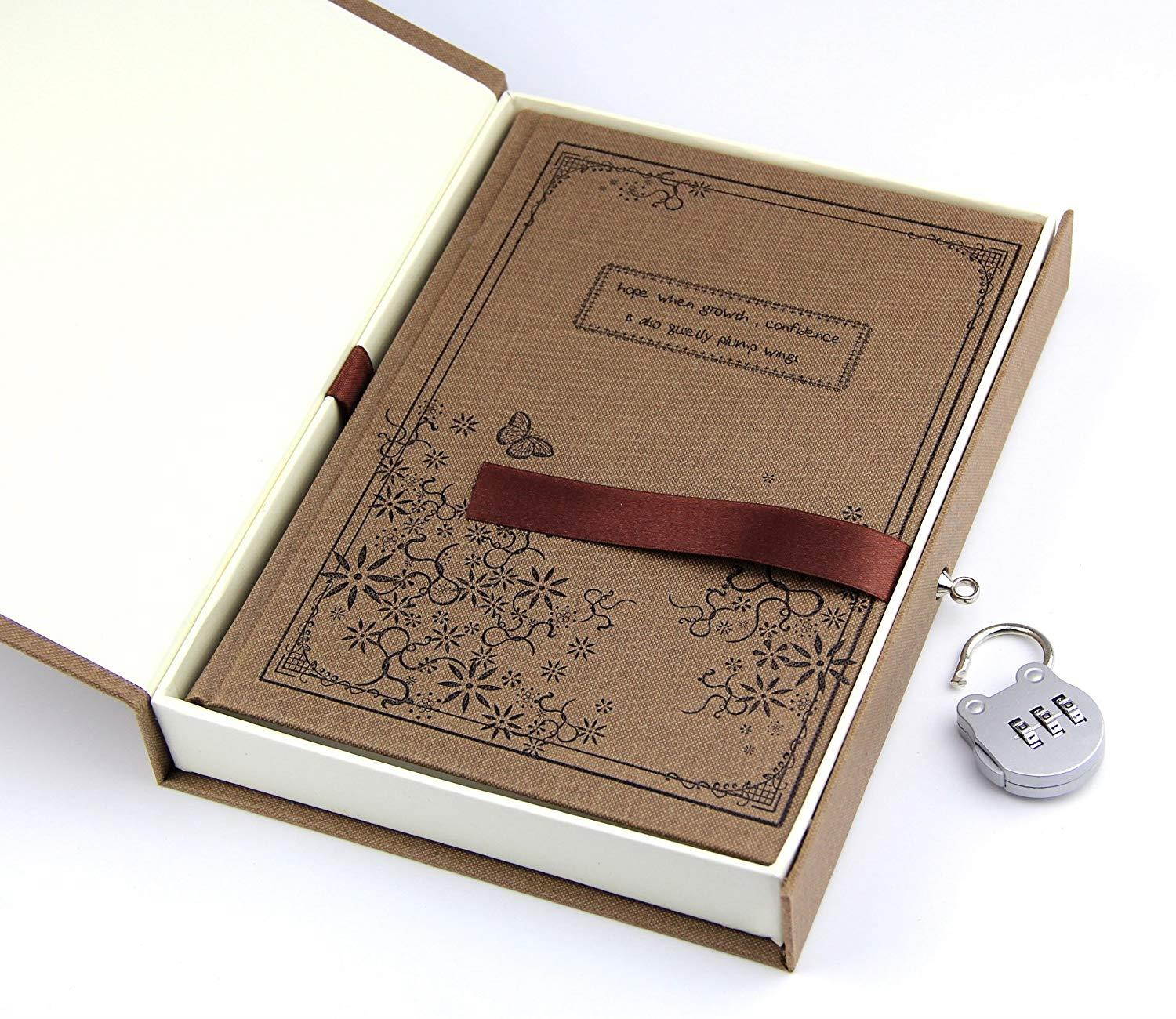 RayLineDo Brown Vintage Hard Cover Jounrnal Dairy A5 Notebook 80Gsm Ruled 288Pages With Hard Gift Box And Code Lock