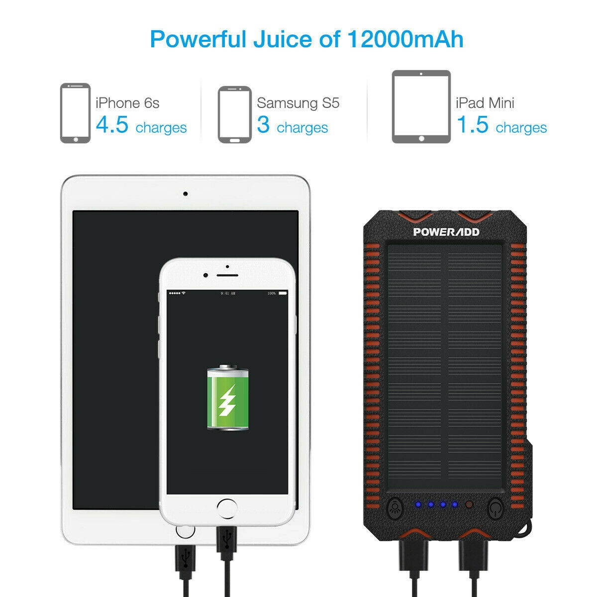 12000mAh Solar Power Bank LED Dual USB Backup Battery Charger For Mobile Phone