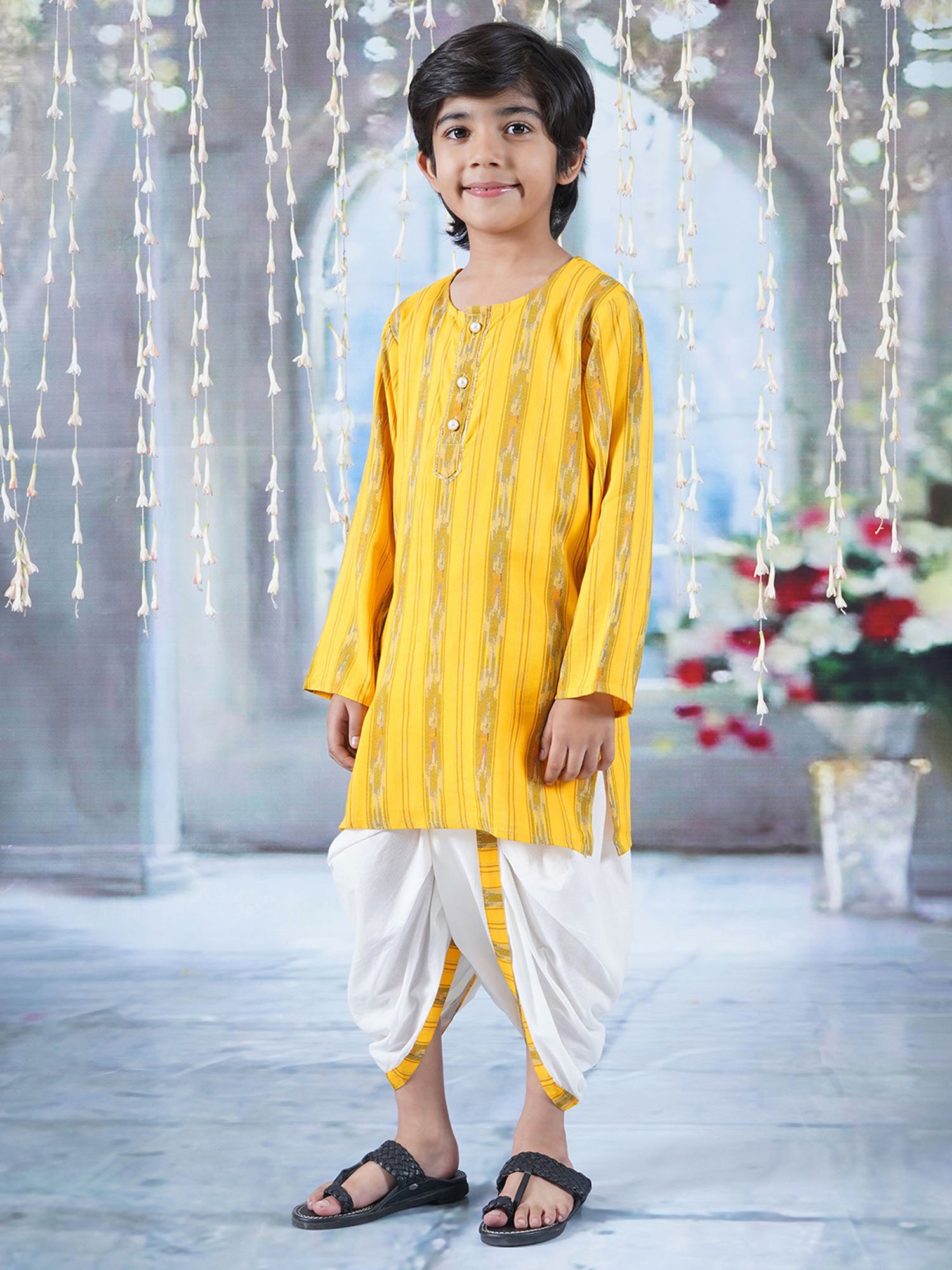 Little Bansi Kids Yellow & White Printed Kurta with Dhoti