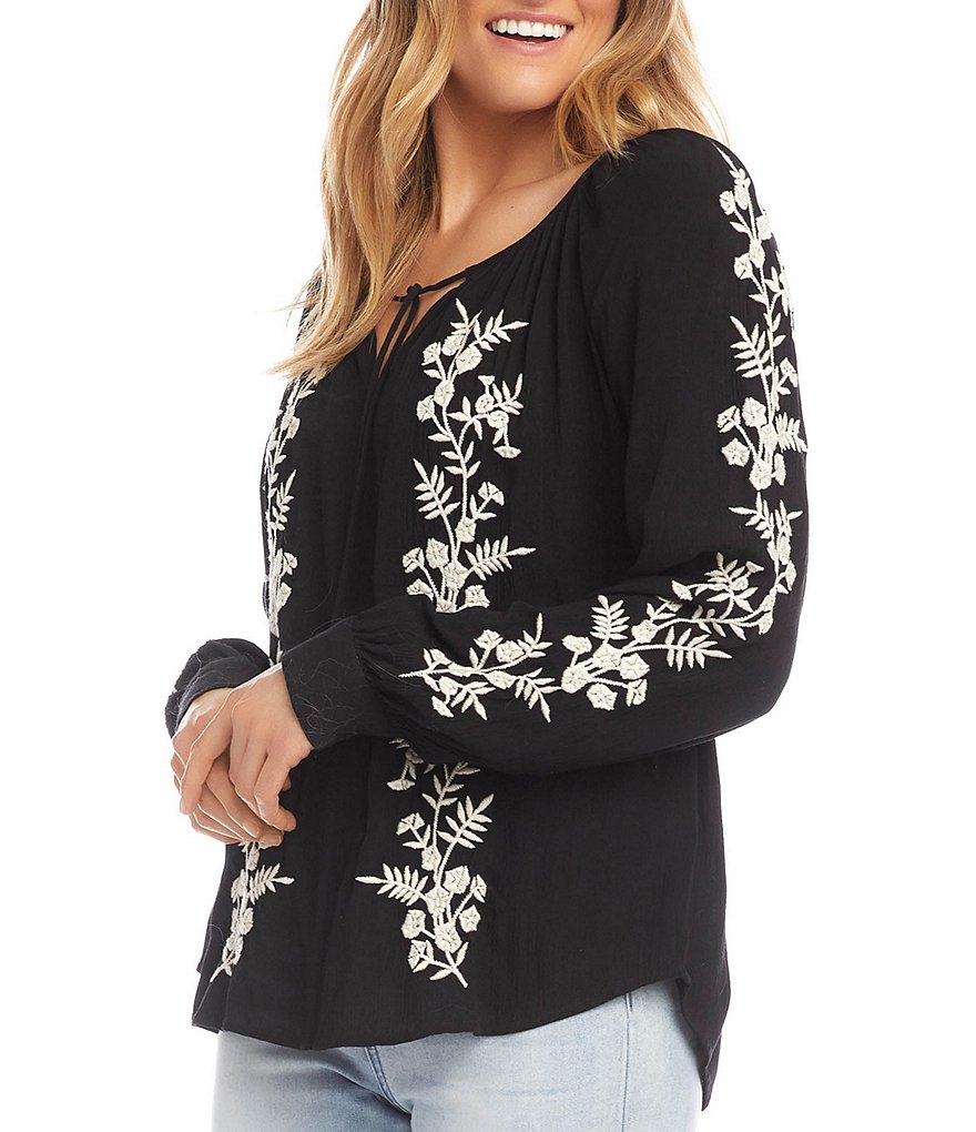 Karen Kane Long Button Cuff Sleeve Tie Split Round Neck Embroidered Gauze Peasant Top