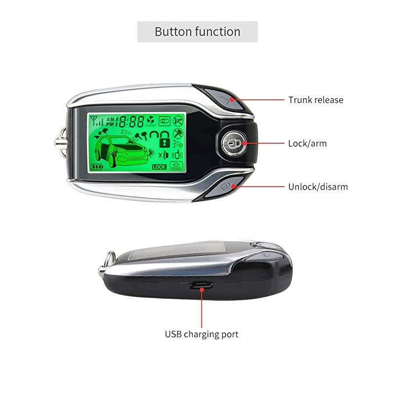 EC204 2 Way car Alarm System with PKE Passive keyless Entry, Rechargeable LCD Pager Display & Remote Trunk Release, Shock Warning DC12V