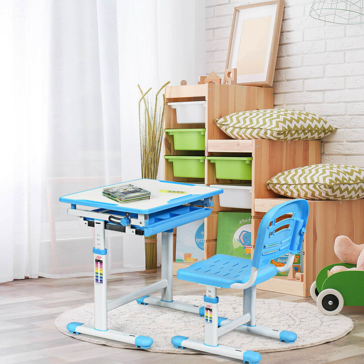 Height Adjustable Children&rsquo;s Desk Chair Set Multifunctional Study Drawing Blue