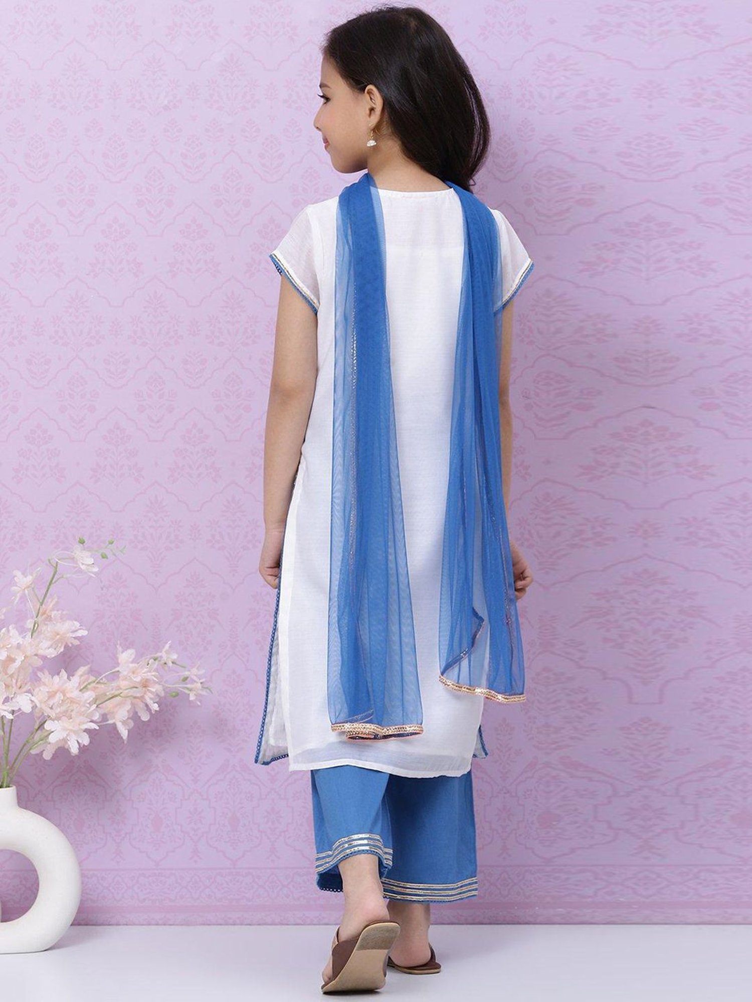 BIBA Girls White & Blue Zari Work Suit Set