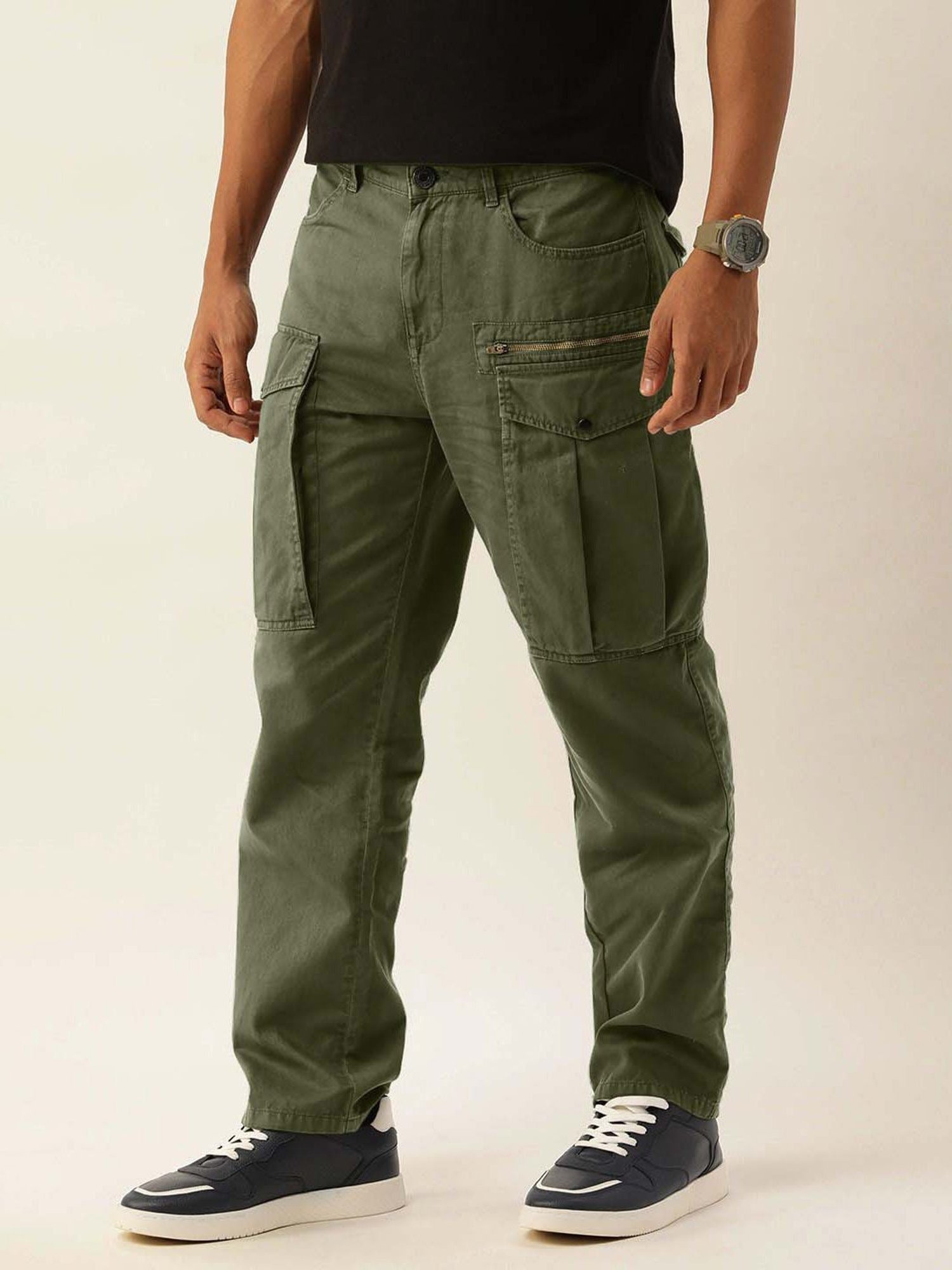 Bene Kleed Olive Loose Fit Overdyed Cotton Cargos