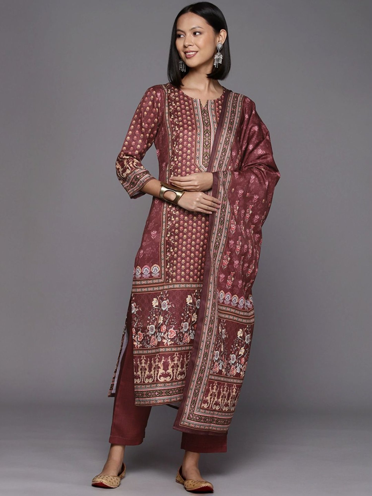 Varanga Maroon Floral Print Kurta Pant Set With Dupatta