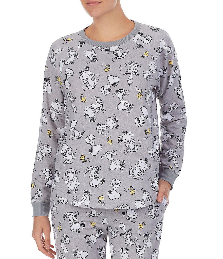 Peanuts Snoopy & Woodstock Printed French Terry Long Sleeve Jewel Neck Coordinating Sleep Top