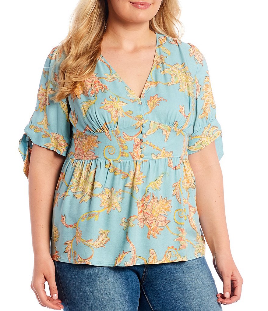 Jessica Simpson Plus Size Paisley Print V-Neck Tie Short Sleeve Empire-Waist Peplum Top