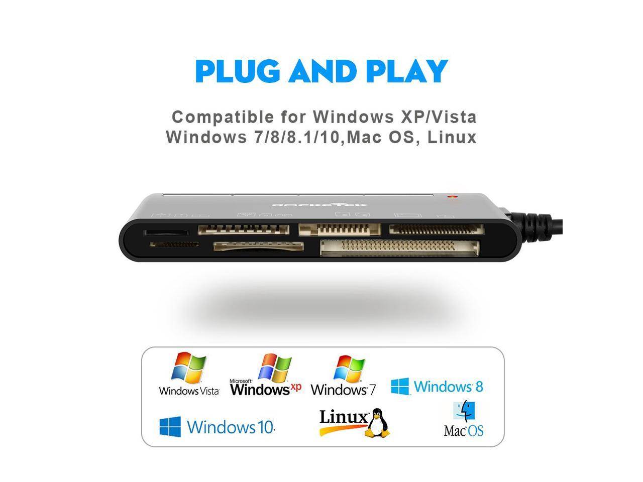 USB 3.0 Memory Card Reader/Writer for CF Card, xD Card, SD Card, Micro SD Card, MS Card, with a 13cm USB Cable design - 5 cards read simultaneously