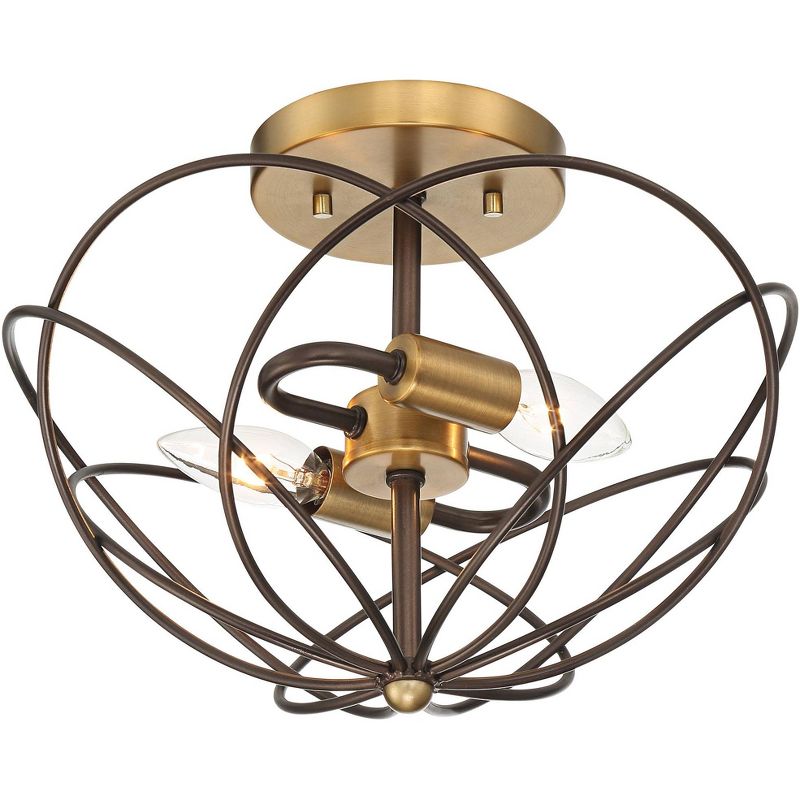 360 Lighting Mid Century Modern Ceiling Light Semi Flush Mount Fixture Bronze Warm Brass 13" Wide 2-Light Open Wire Caged Bedroom