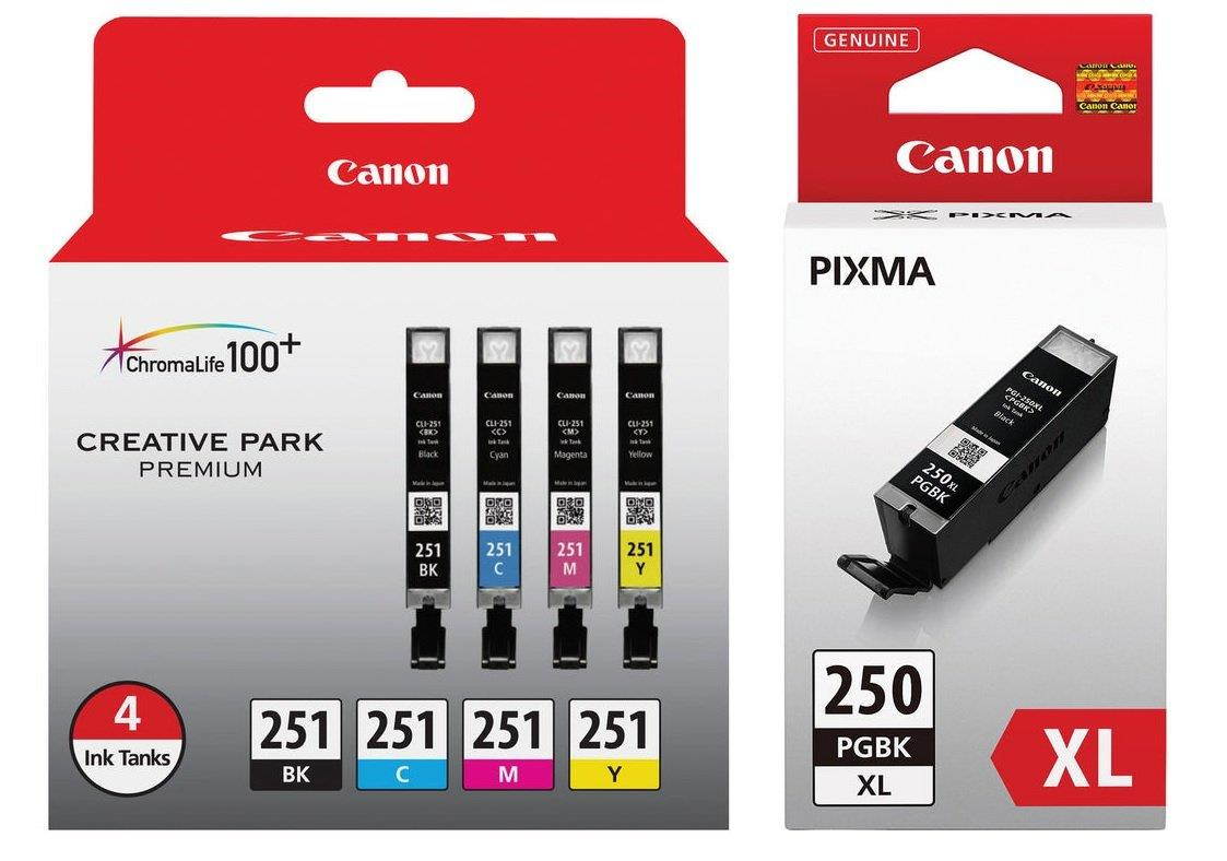 Genuine Canon CLI-251 4-Cartridge Ink Set (6513B004) + Canon PGI-250PGBK XL High-Capacity Pigment Black Ink Tank (6432B001)
