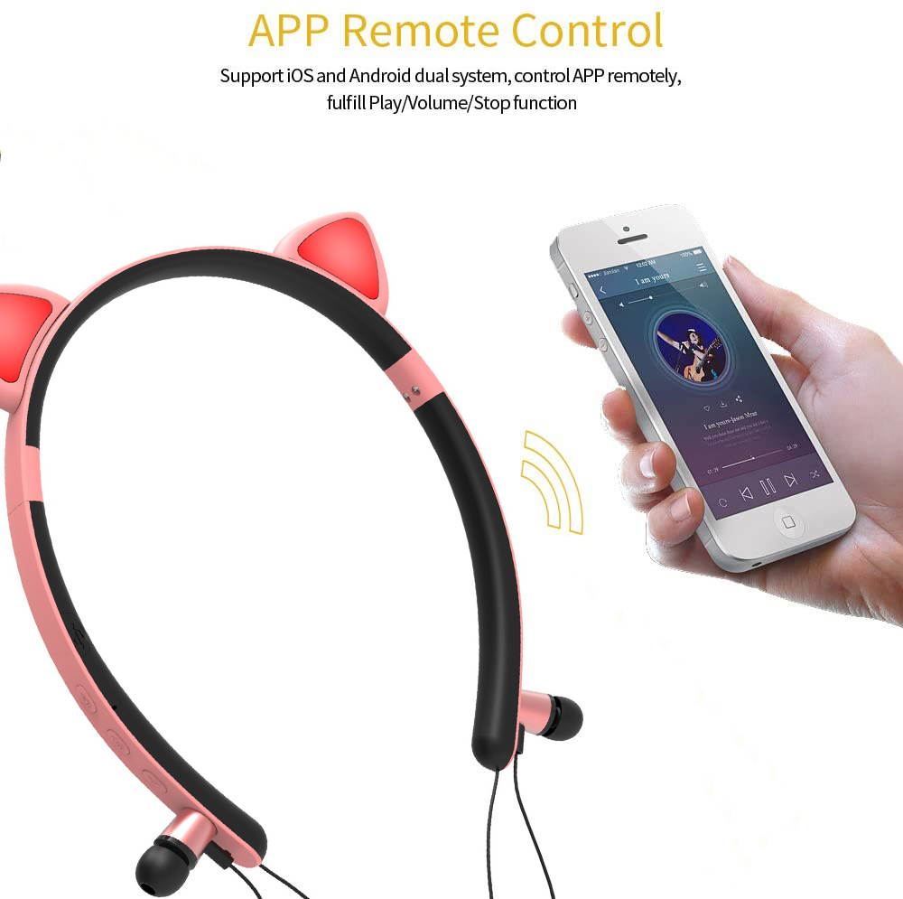 Bluetooth 5.0 Cat Ear Headphones On-Ear Stereo Wireless Headset and Volume Control Magnetic Earplug Stereo Sport Headset Headphones, Cosplay Cat Ears Gaming Headsets with Built in Mic (Pink)