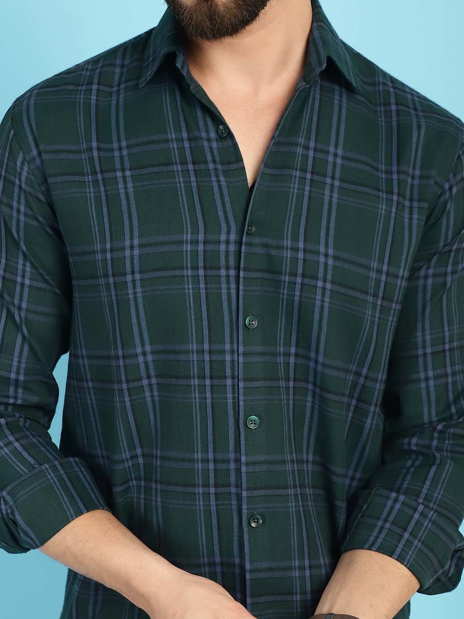 Indian Needle Dark Green Regular Fit Check Cotton Shirt
