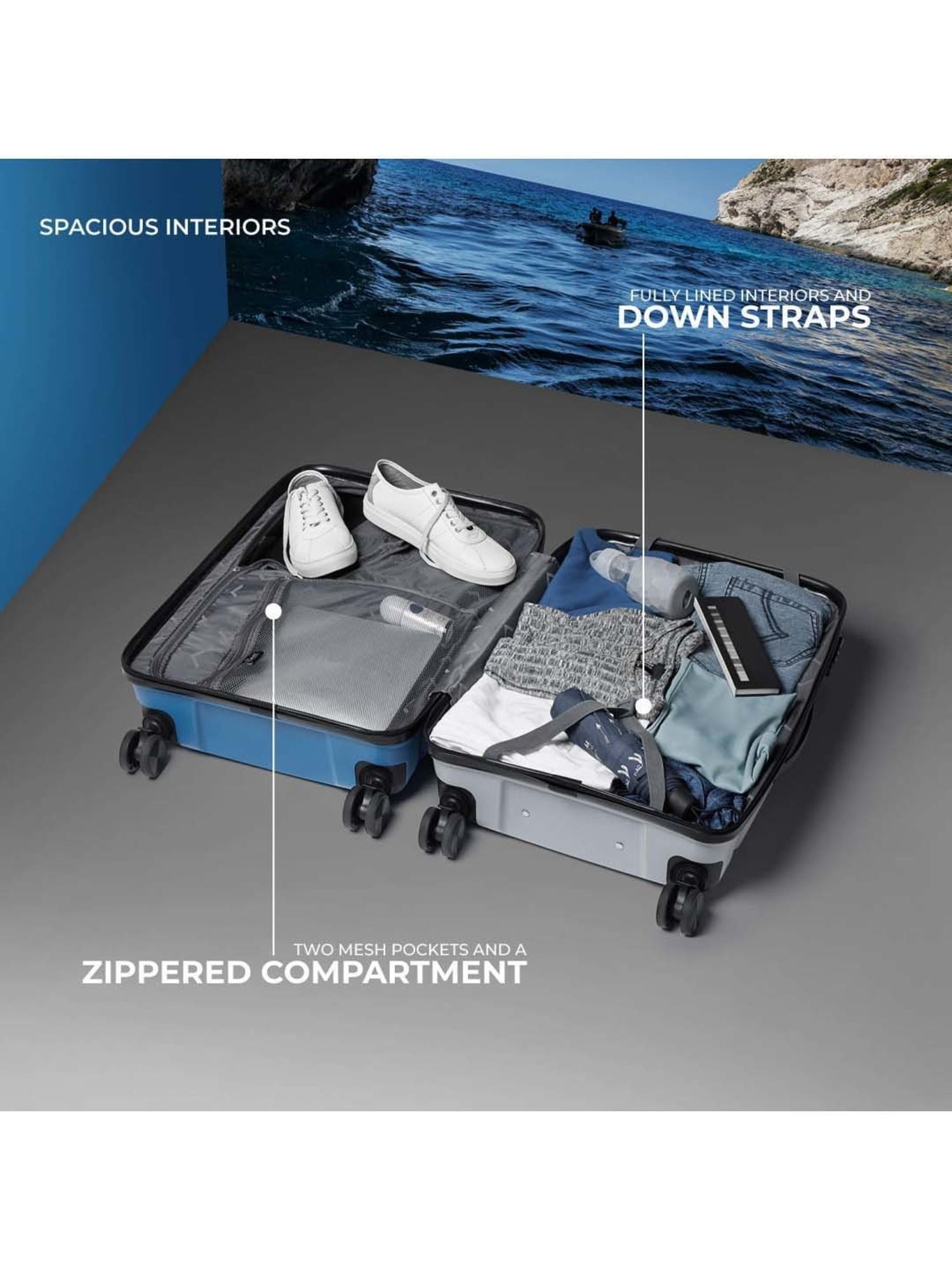 Nasher Miles Nicobar Hard-Sided Polypropylene Set of 3 Blue and Grey Trolley Bags (55, 65 & 75 cm)