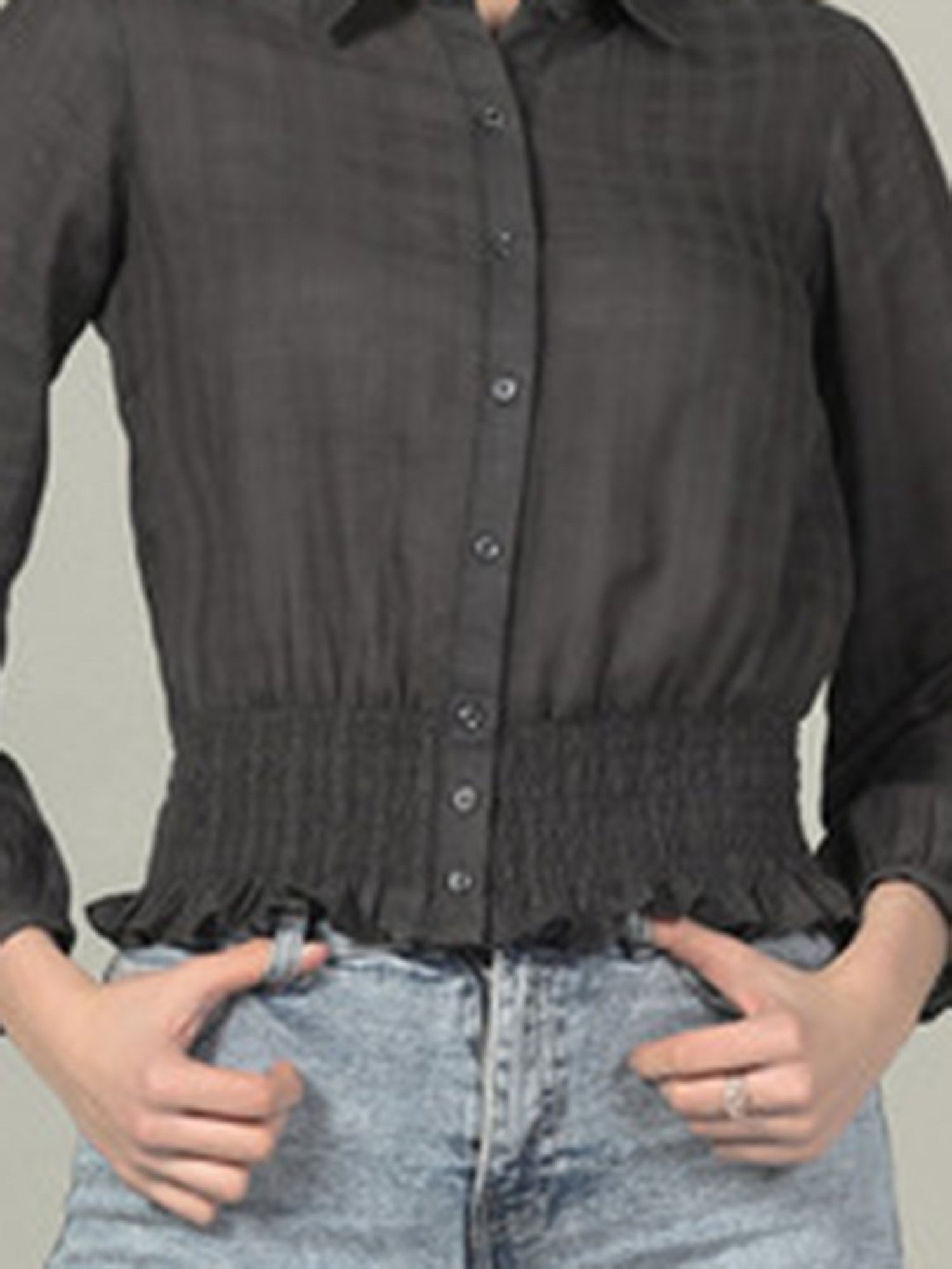 SELVIA Dark Grey Cotton Regular Fit Cropped Shirt