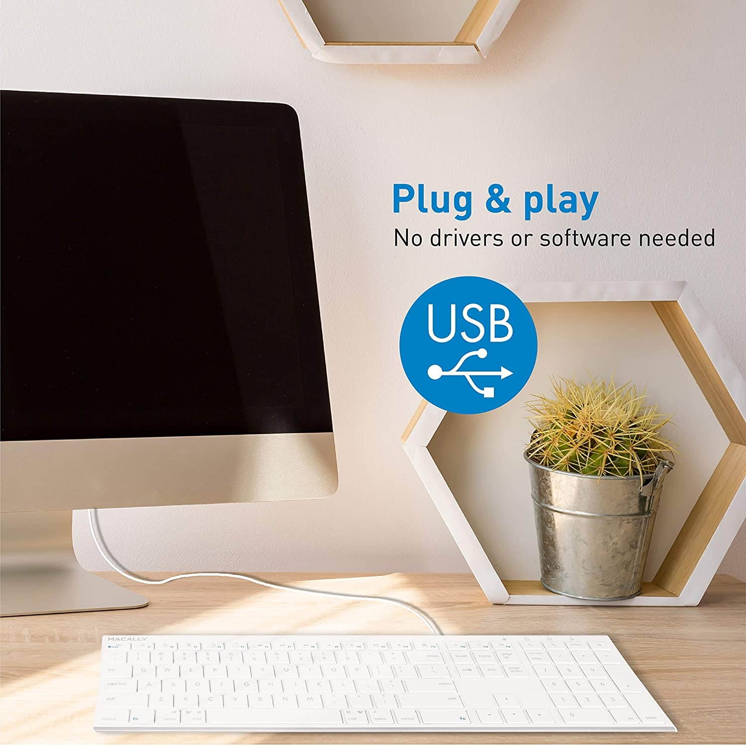 Macally Ultra Slim USB Wired Computer Keyboard - Works as Windows or Mac Wired Keyboard - Full Size Keyboard with Numeric Keypad & 20 Shortcut Keys - Plug and Play Mac Keyboard - White